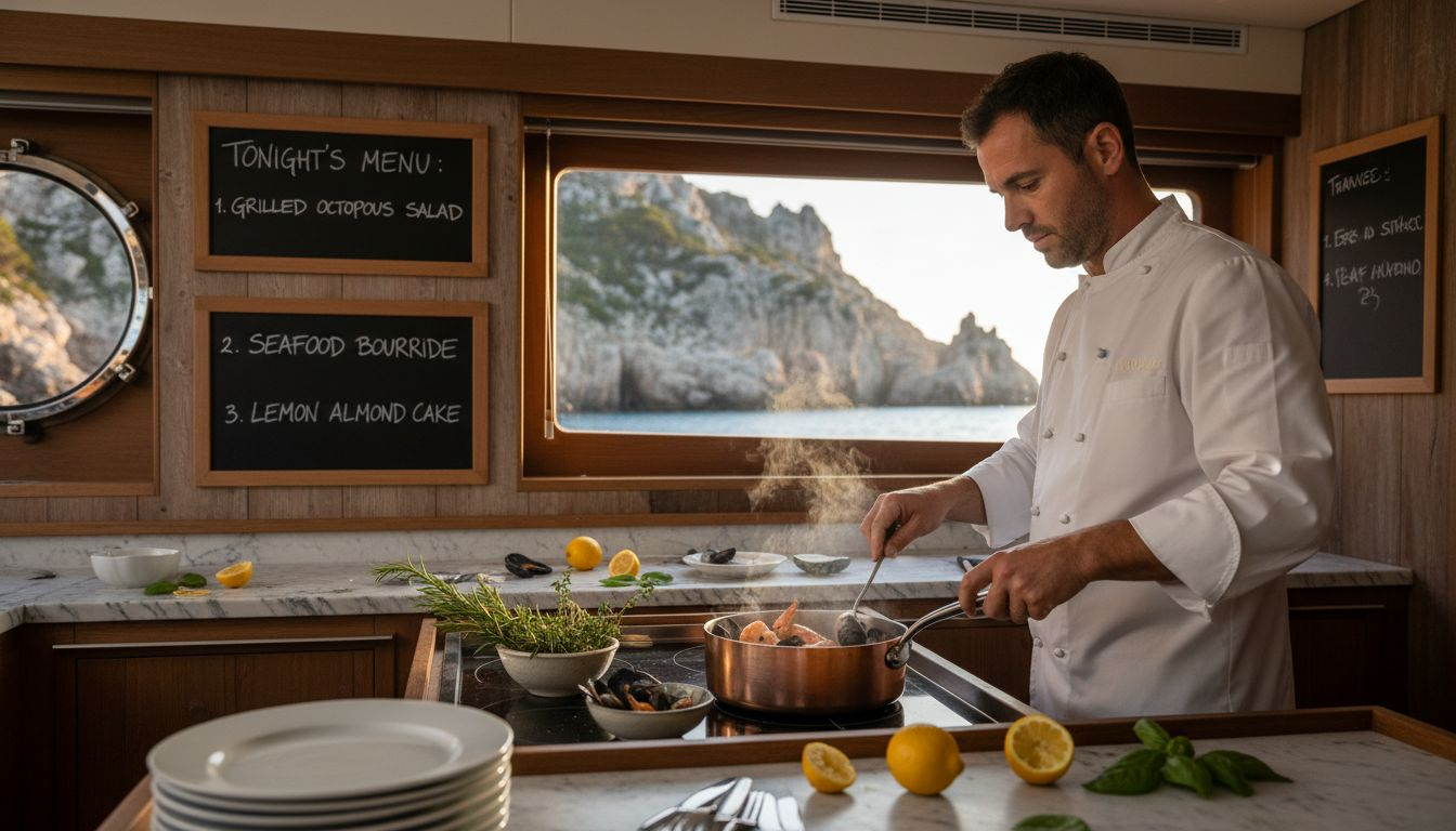 Yacht chef preparing dinner in galley