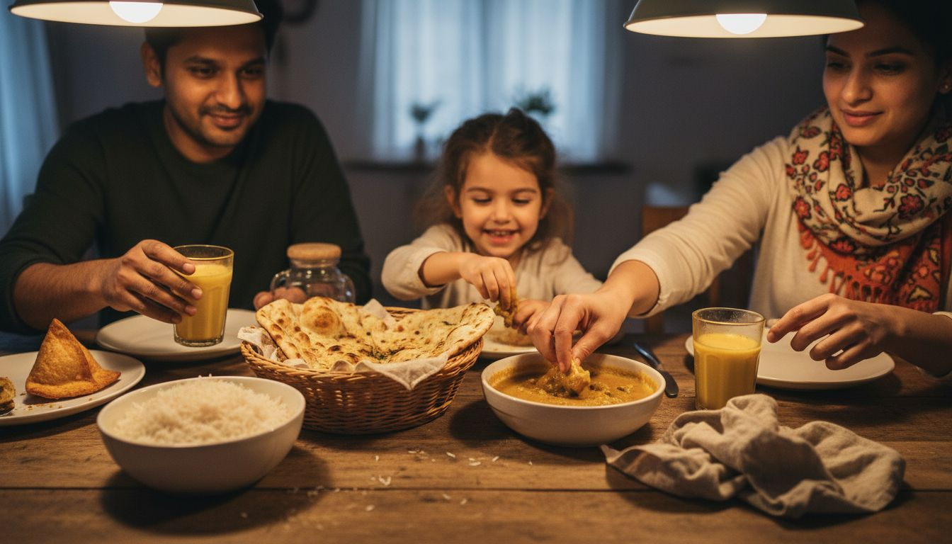 Un menú típico de la India que incluye naan, arroz y un refrescante lassi.
