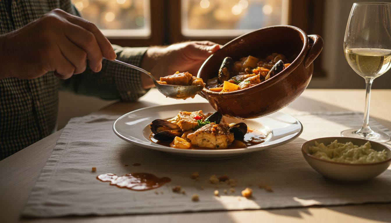 Primer plano de un suquet de pescado recién servido en la mesa