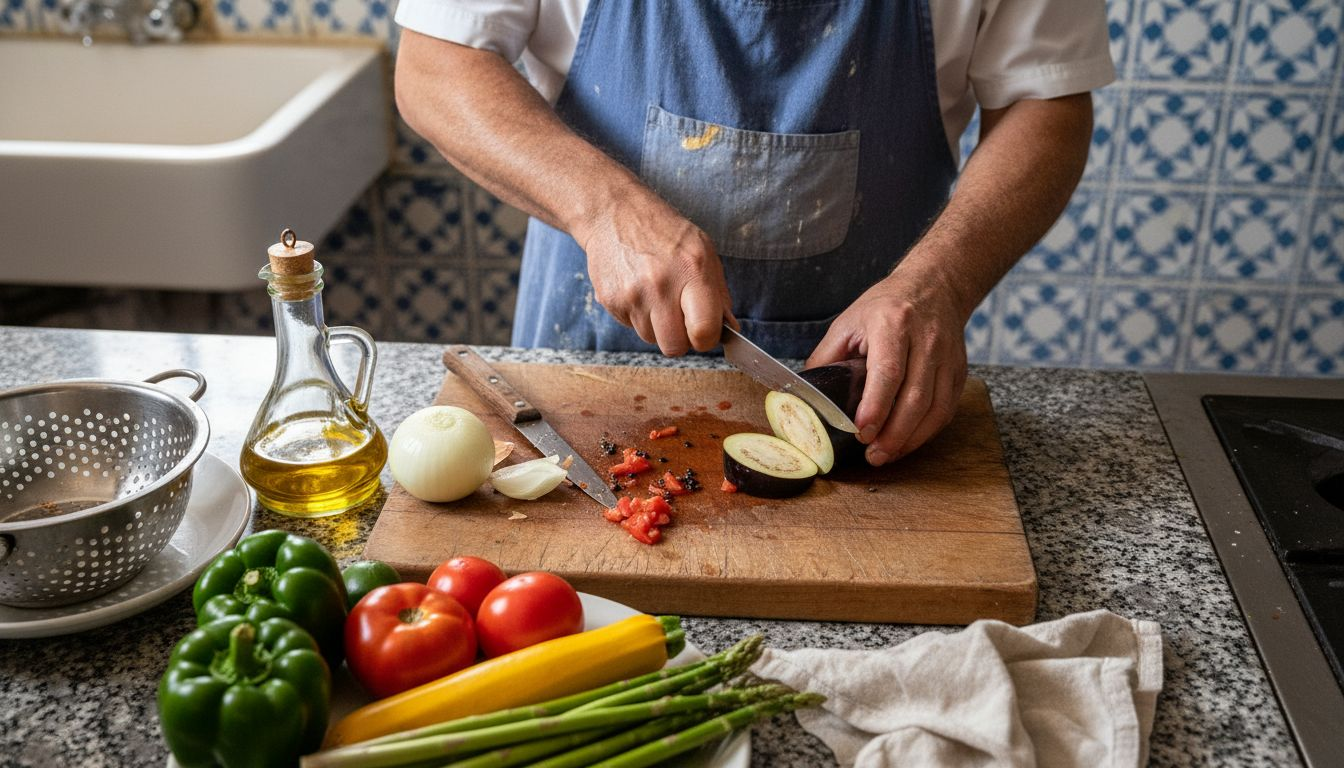 Un chef selecciona y prepara productos frescos típicos de Cataluña para sus platos.