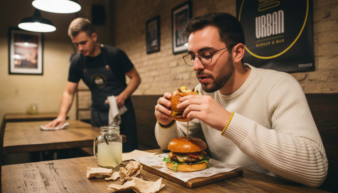 Un comensal disfruta de una hamburguesa gourmet en un restaurante.