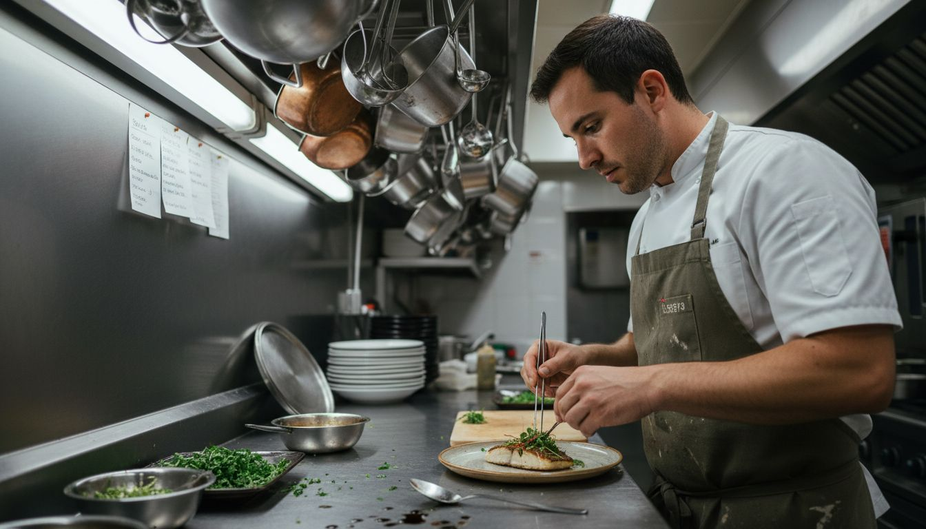 El chef está elaborando uno de los platos emblemáticos de su menú degustación clásico.