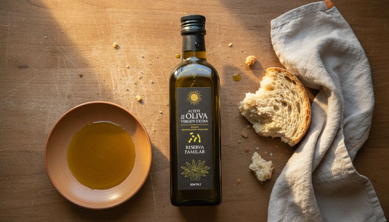 Una buena rebanada de pan recién hecho acompañada de un chorrito de aceite de oliva virgen extra sobre la mesa