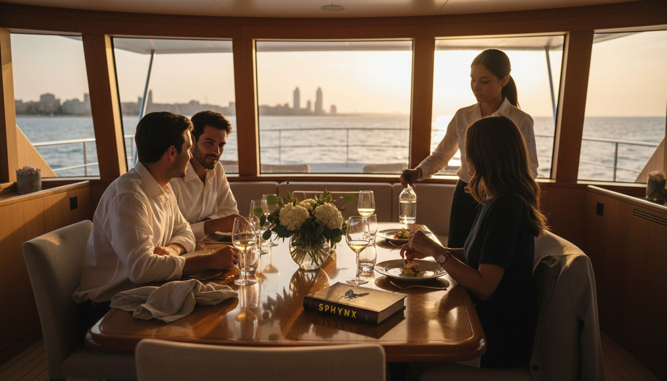Guests dining inside yacht at sunset