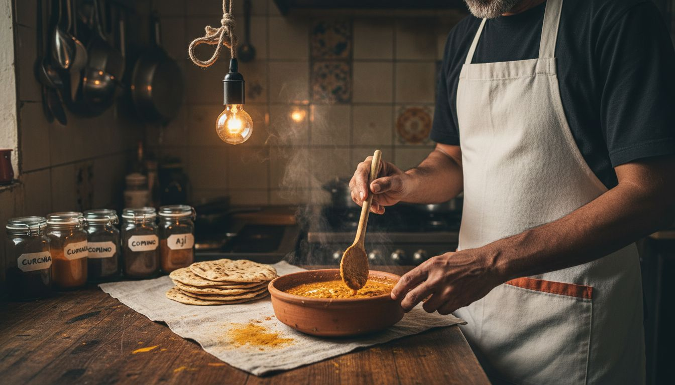 Un chef indio sirve dal recién hecho, humeante, en la cocina.