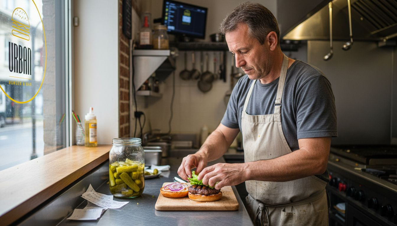 Un chef preparando una hamburguesa con ingredientes frescos y de calidad