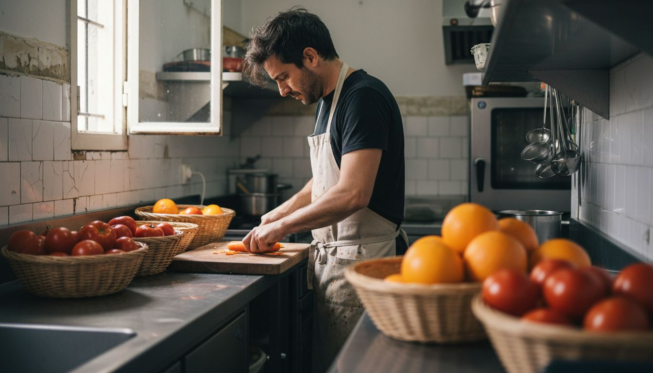 Cocinero trabajando con productos frescos en la cocina