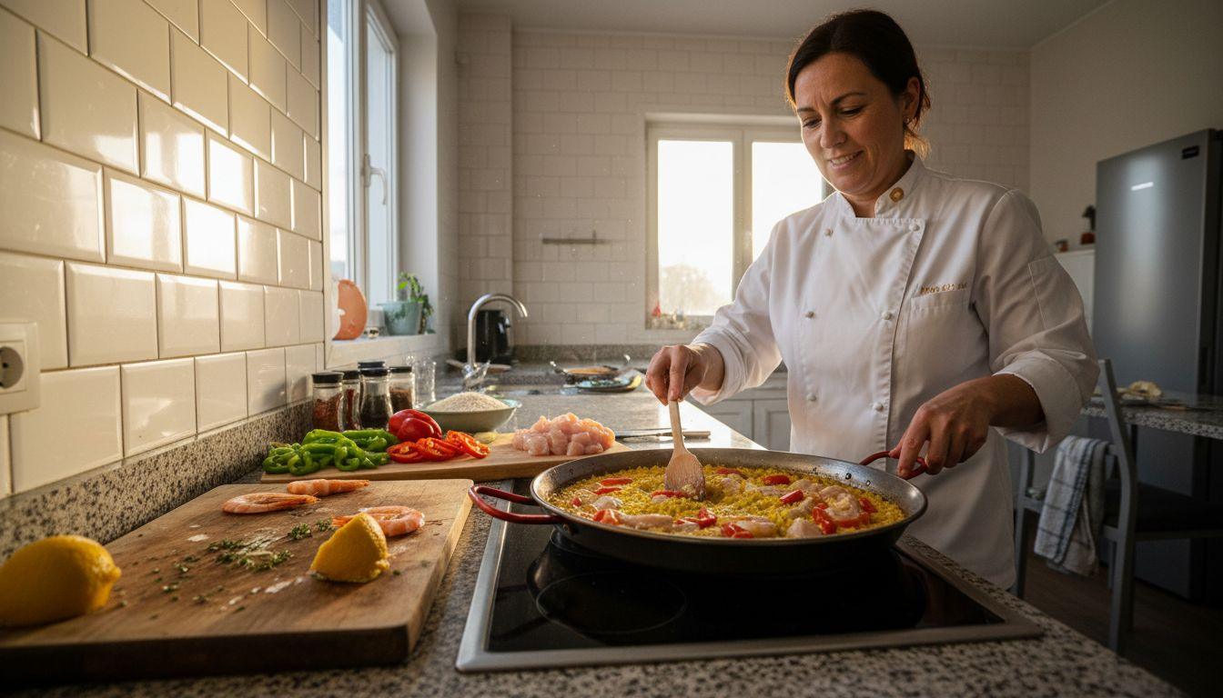 Una chef está preparando una paella utilizando ingredientes frescos y de calidad.
