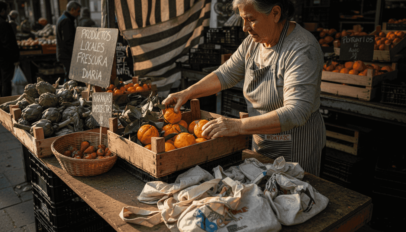 Una vendedora acomoda con esmero las frutas frescas de temporada en su puesto del mercado.