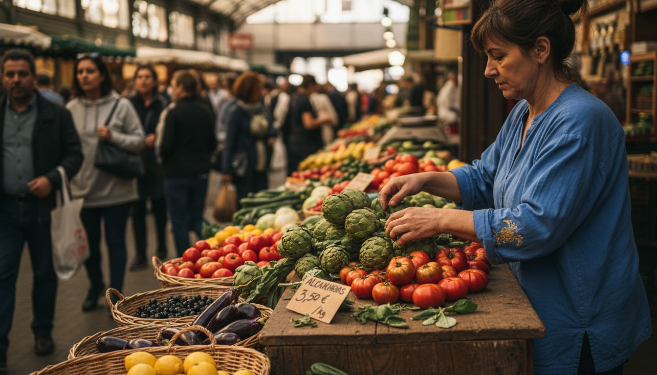 Un comerciante del mercado coloca cuidadosamente verduras frescas típicas del Mediterráneo en su puesto, preparándolo para atraer a los clientes.