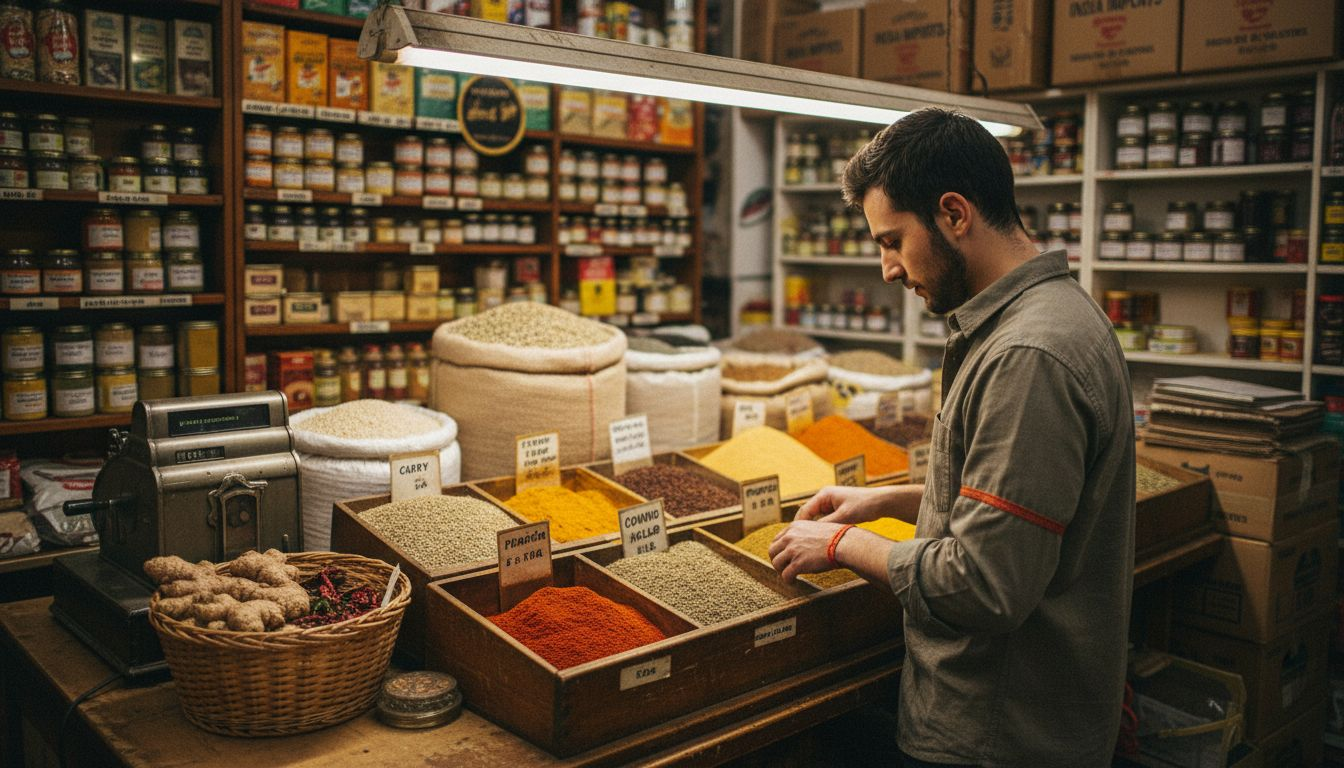 Una persona elige entre distintas especias en una tienda de productos indios.