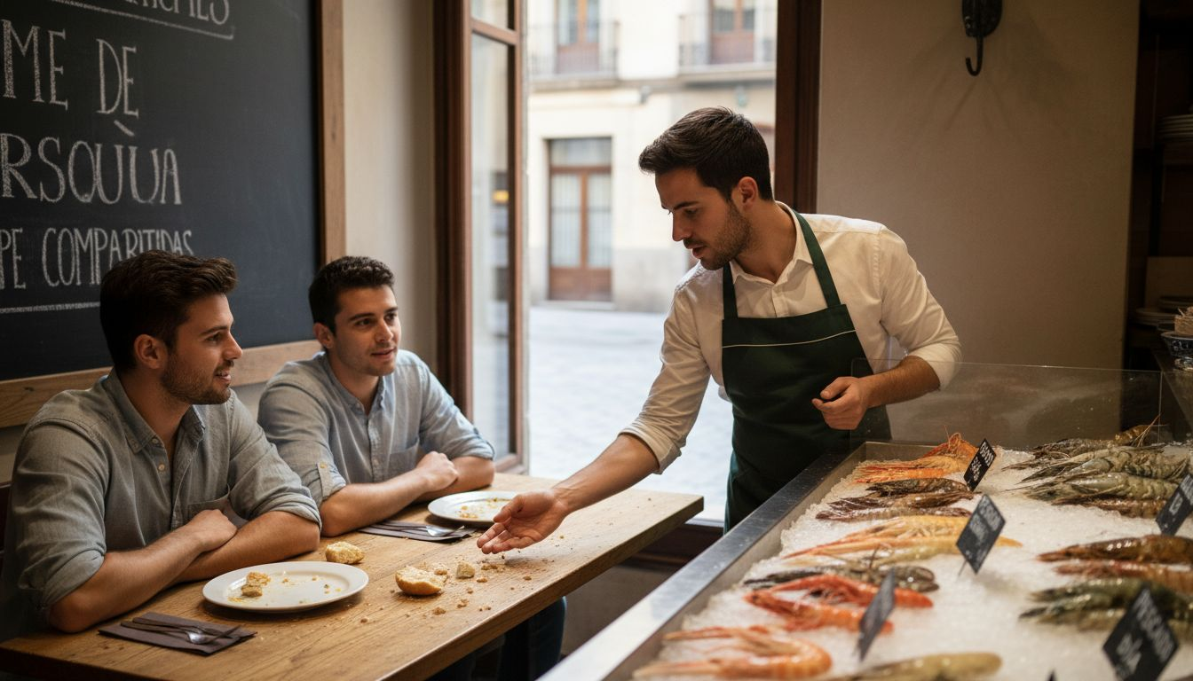 Camarero presentando opciones de pescado sostenible en Barcelona