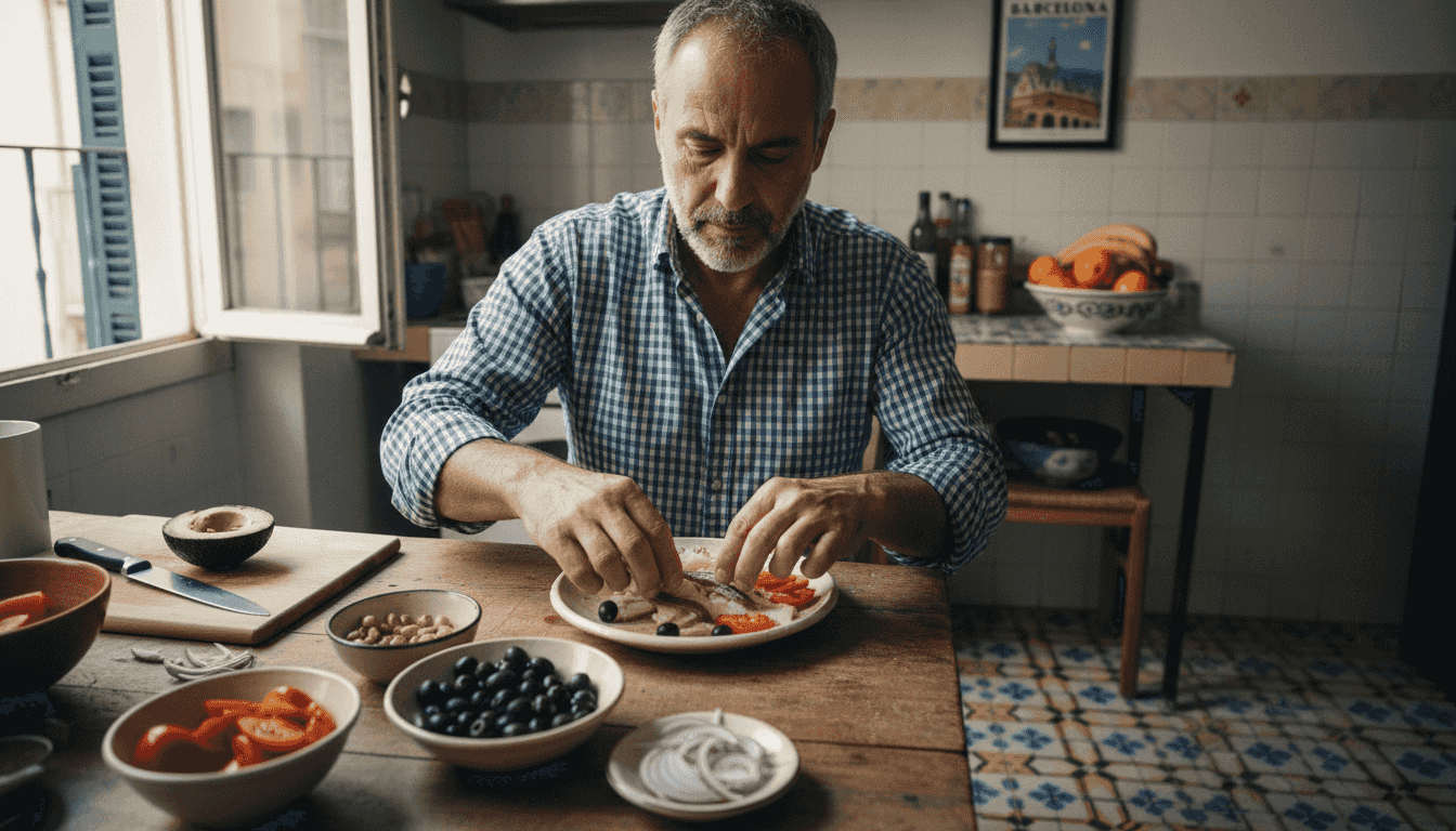 Hombre preparando una ensalada típica catalana