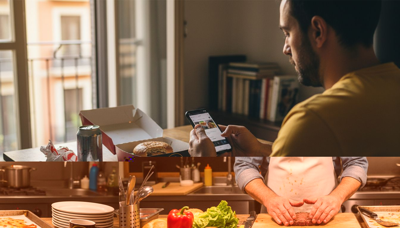 Un chef en Barcelona elaborando una hamburguesa gourmet con ingredientes frescos