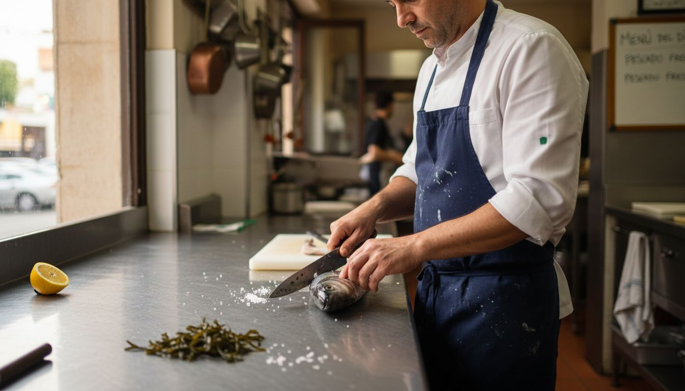 El chef está preparando un filete de lubina fresca con esmero.