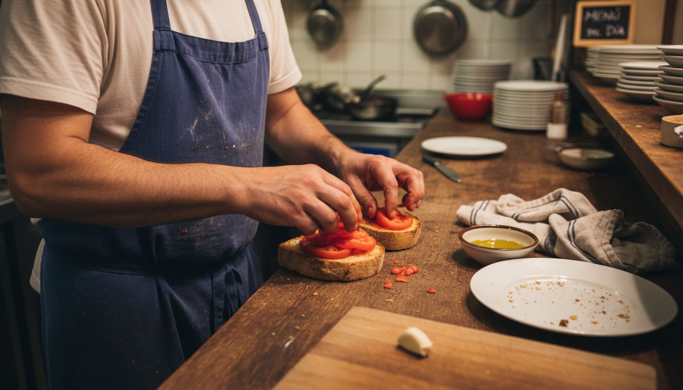 Un chef está preparando un delicioso pan con tomate en la cocina, cuidando cada detalle para que salga perfecto.