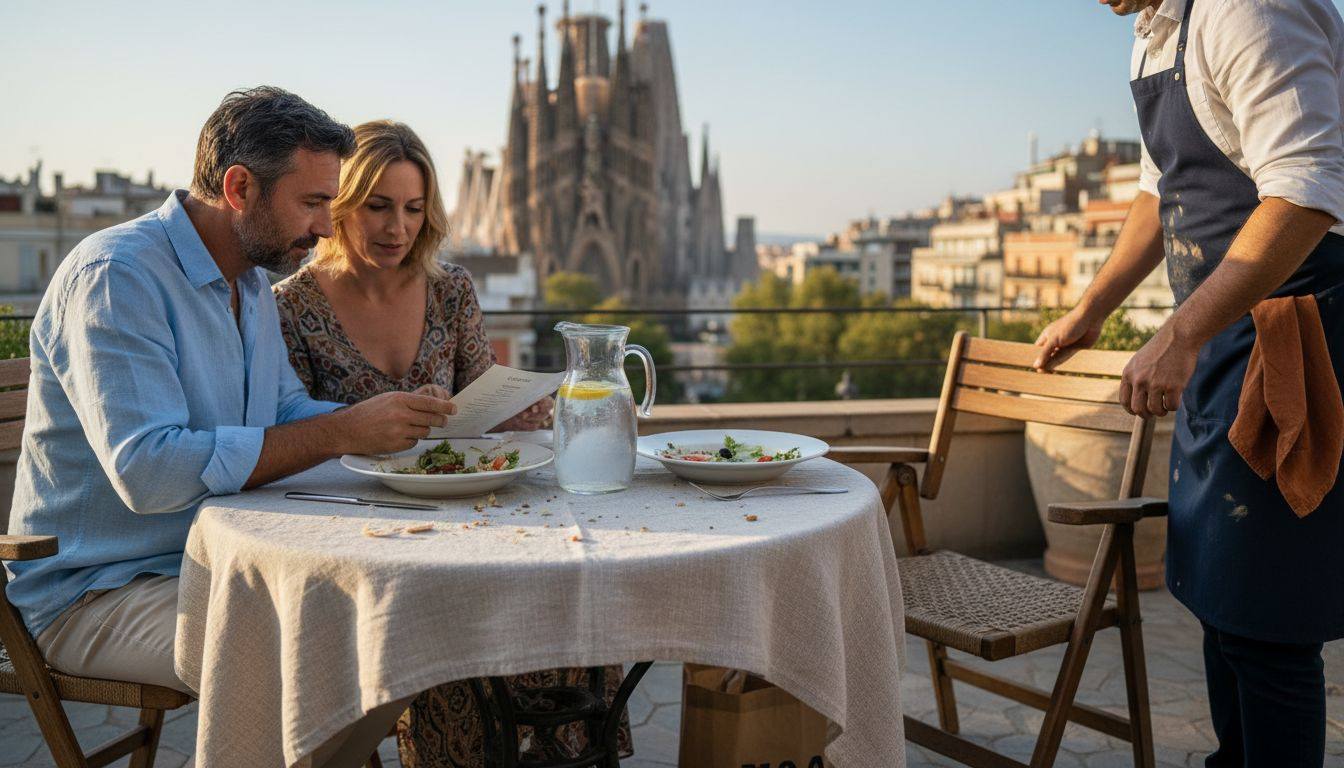 Una pareja disfruta de la carta mientras se relaja en una terraza con vistas.