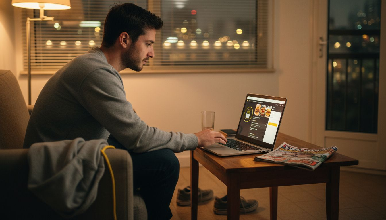 Hombre prepara su pedido de hamburguesas gourmet para disfrutar en casa