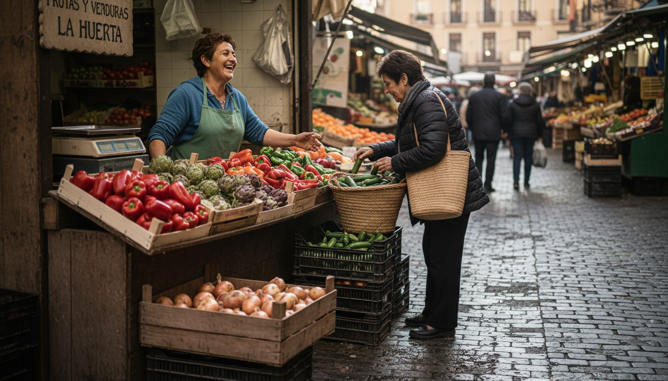 Un comerciante coloca con esmero verduras frescas de Valencia en su puesto del mercado.