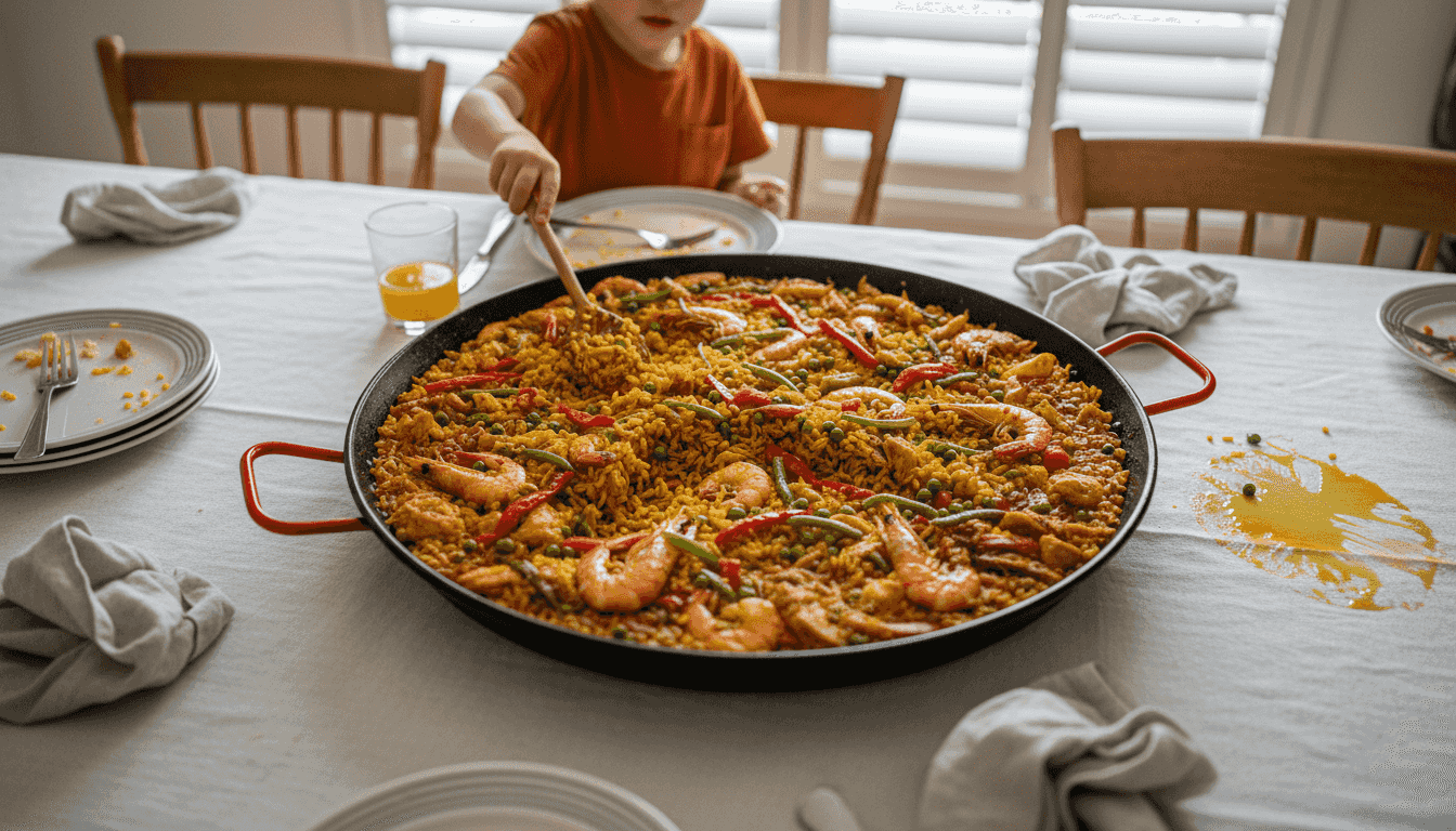 Paellera en el centro de la mesa lista para compartir en familia