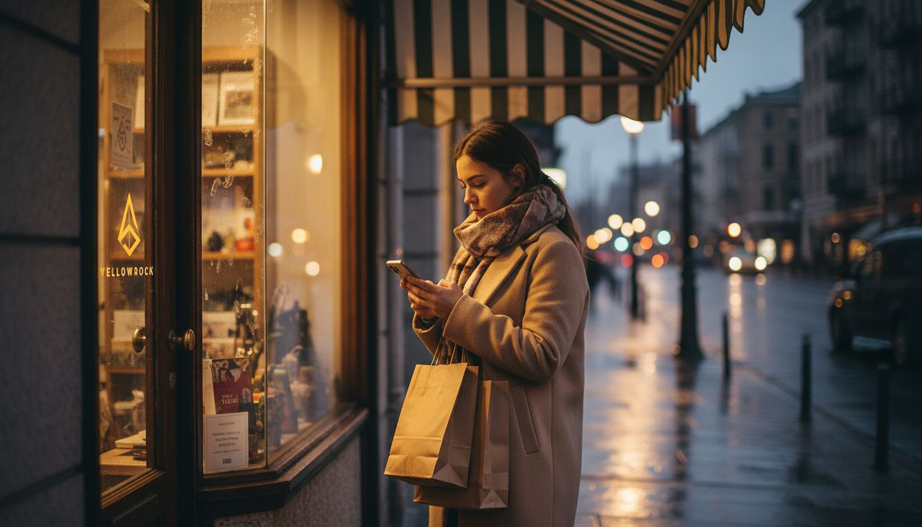 Persona paseando por la calle y decidiendo en qué negocio local entrar