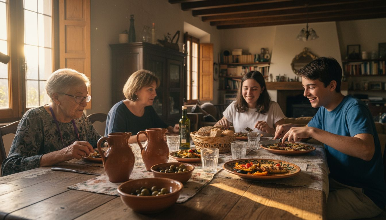 Una familia catalana disfrutando juntos de una comida saludable
