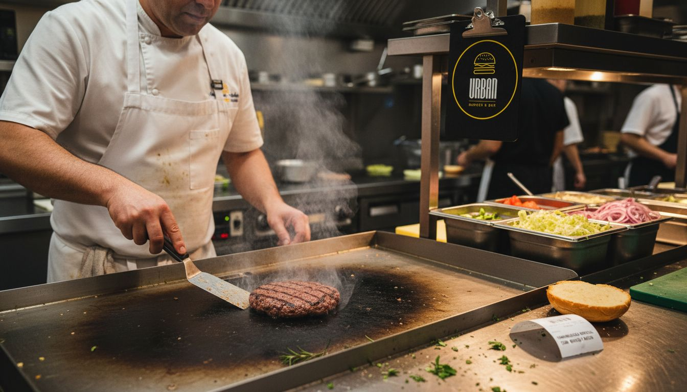 El chef revisa cuidadosamente la calidad de la hamburguesa gourmet antes de servirla.