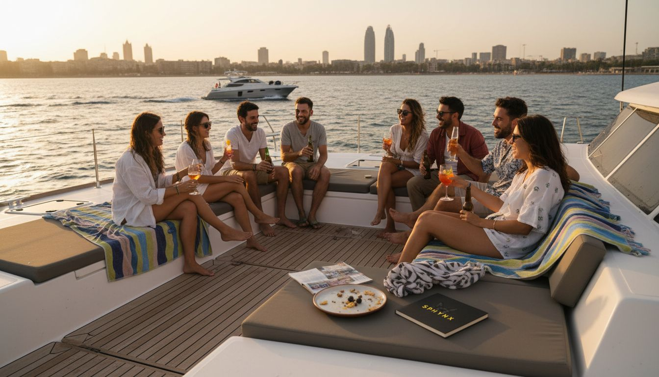 Friends relaxing on catamaran near Barcelona beach