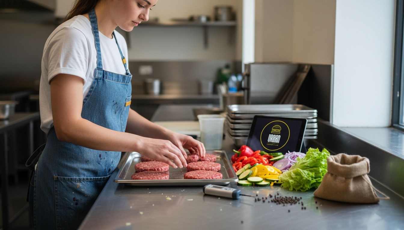 Una chef organiza cuidadosamente ingredientes frescos sobre una mesa de acero inoxidable, preparándose para cocinar.