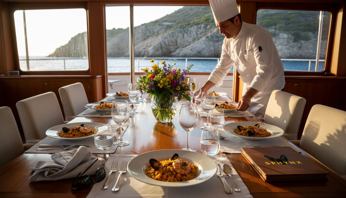 Chef serving gourmet meal on yacht dining table