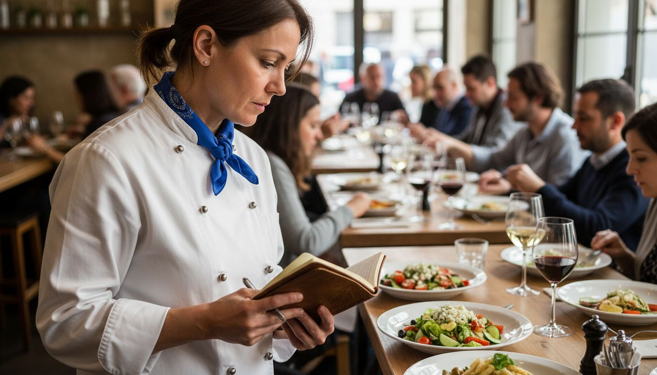 El chef al mando supervisando cada detalle del servicio en un restaurante de cocina mediterránea.