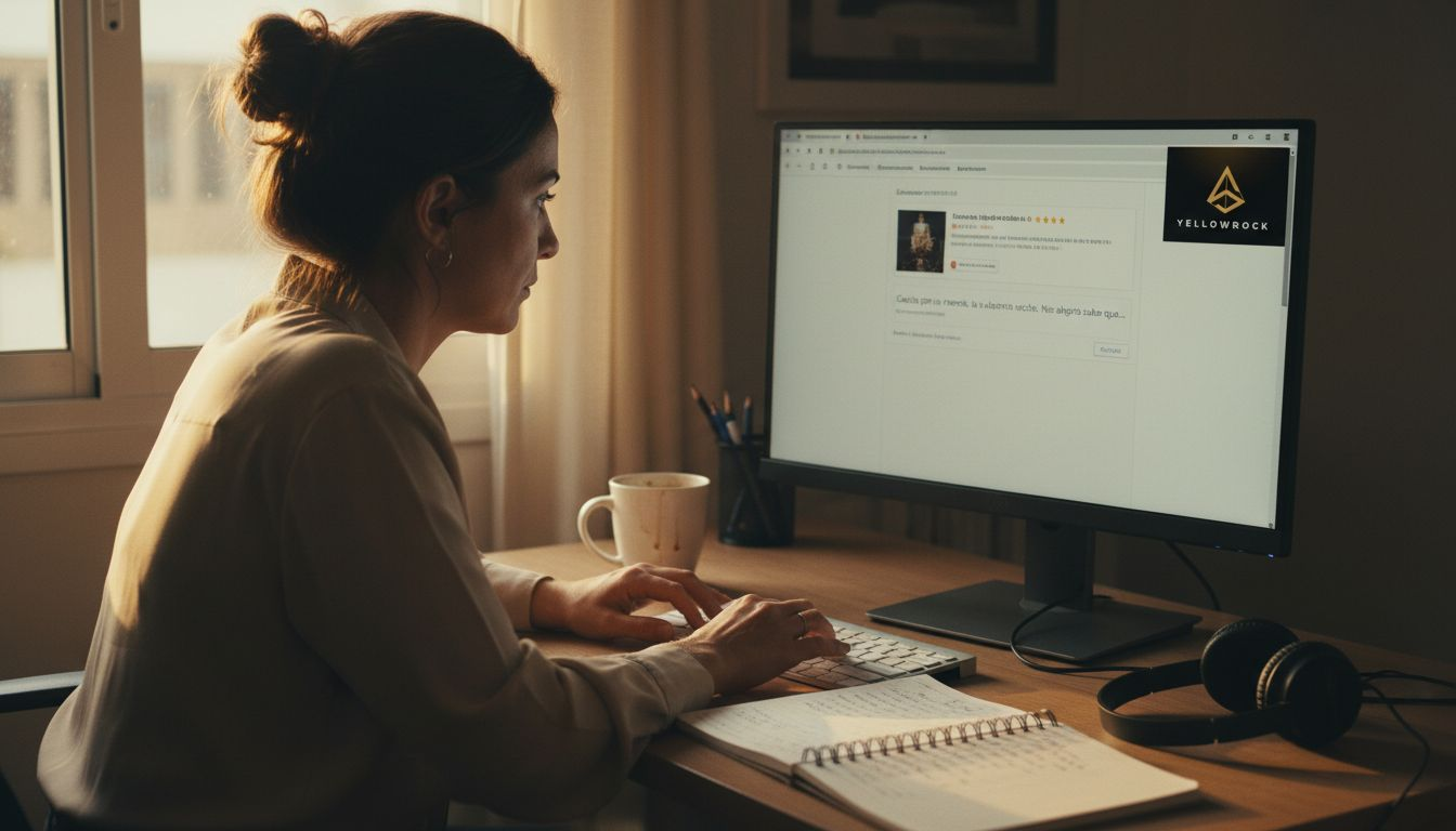 Una mujer atiende y responde opiniones en línea desde su oficina.