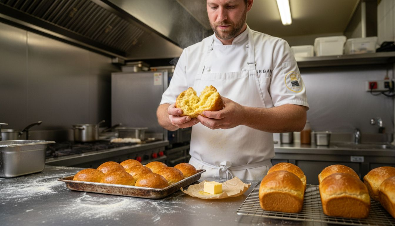 El chef muestra cómo es la miga del pan brioche por dentro.