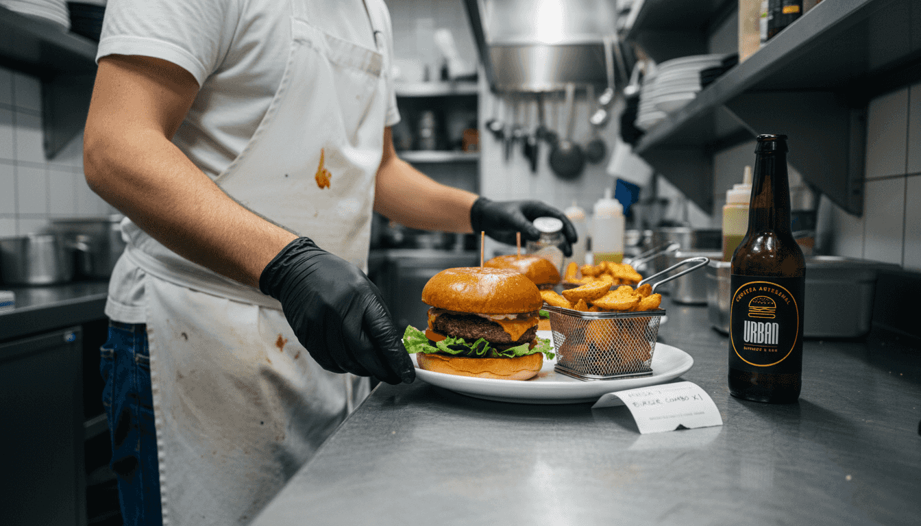 El chef está preparando un delicioso combo gourmet de hamburguesa, cuidando cada detalle para sorprender a los amantes de la buena comida.