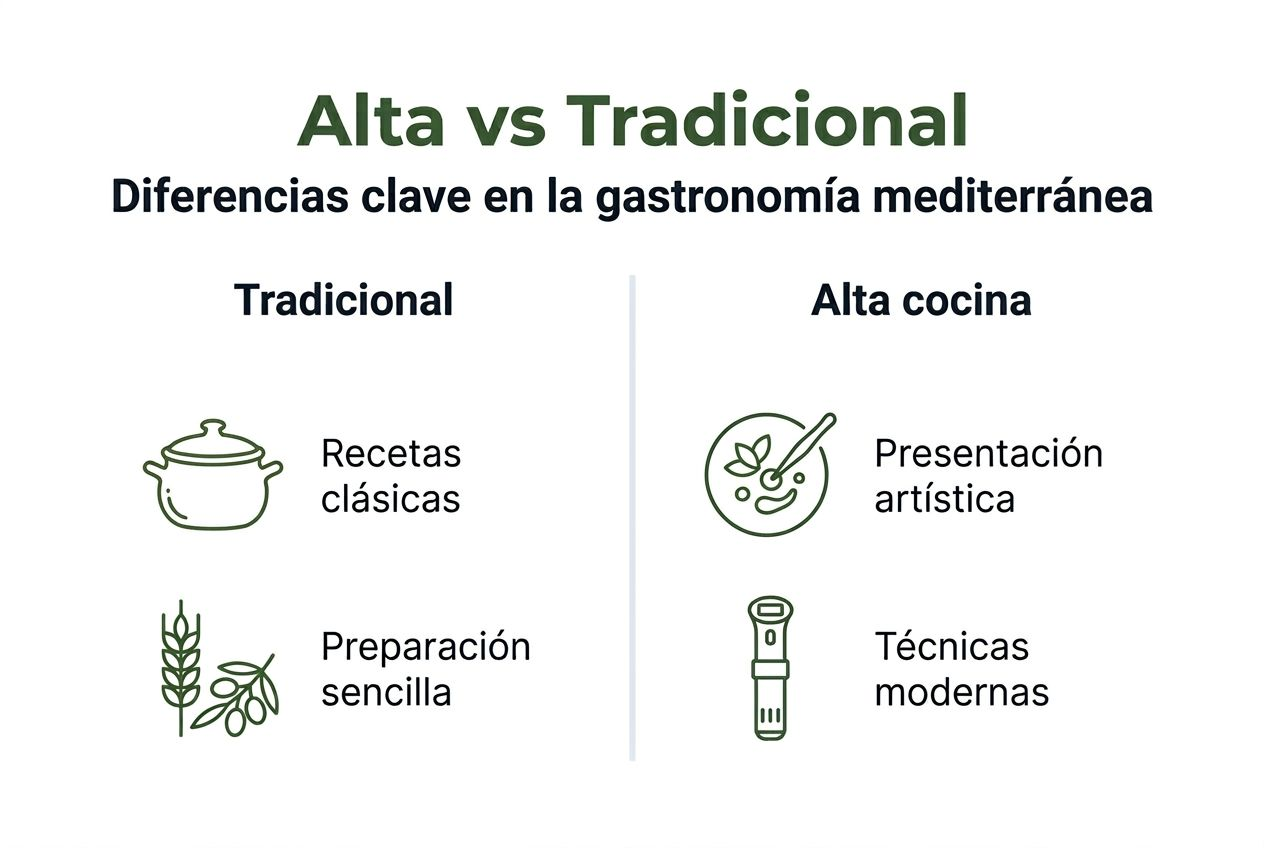 Infografía que compara la cocina mediterránea tradicional con la alta gastronomía de la región