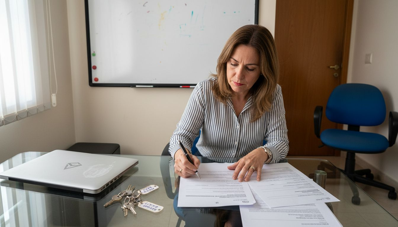 Asesora inmobiliaria revisando documentación en su despacho