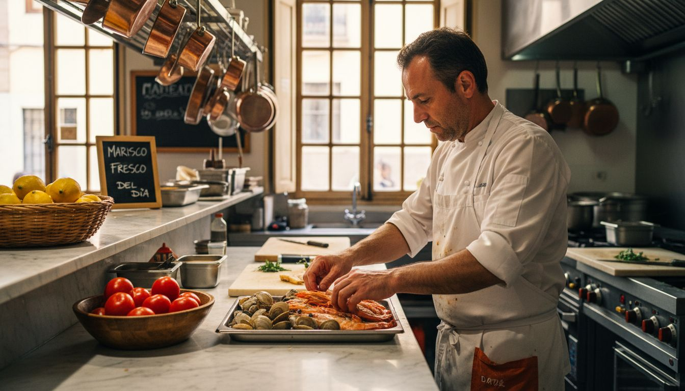 Un chef selecciona y prepara mariscos frescos en la cocina, cuidando cada detalle para resaltar su sabor y calidad.