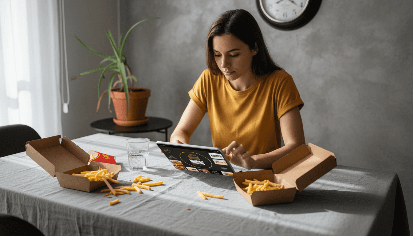 Una mujer busca opciones de hamburguesas en aplicaciones de comida a domicilio.