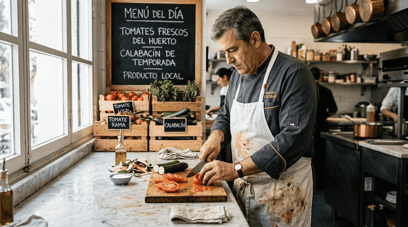 Cocinero cortando verduras frescas a la vista de los comensales