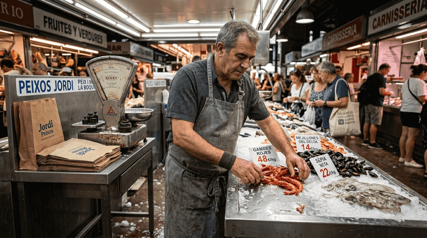 Puesto de mariscos frescos en el mercado de La Boquería