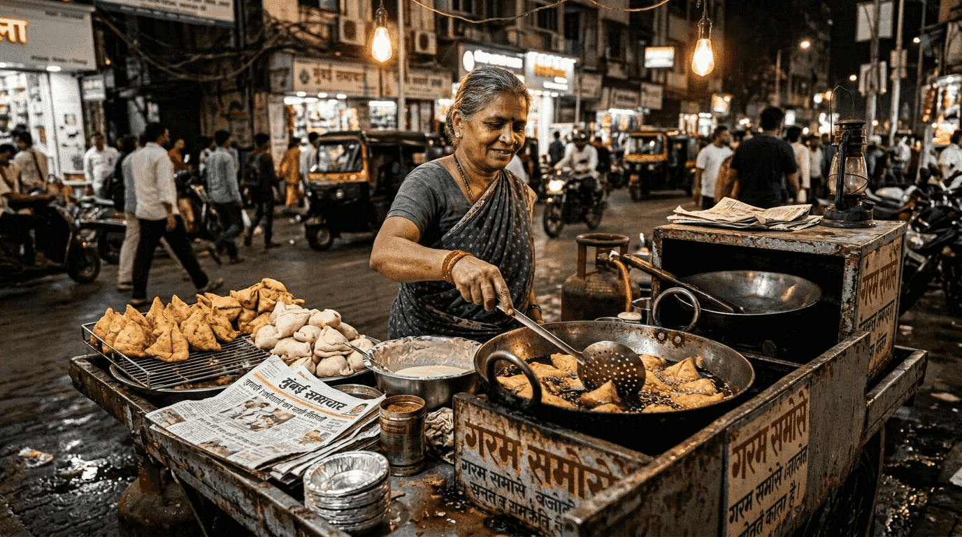 Una mujer prepara y fríe samosas veganas en su puesto ambulante