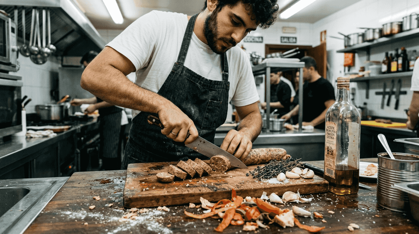 El chef prepara una botifarra y selecciona ingredientes frescos para el plato.
