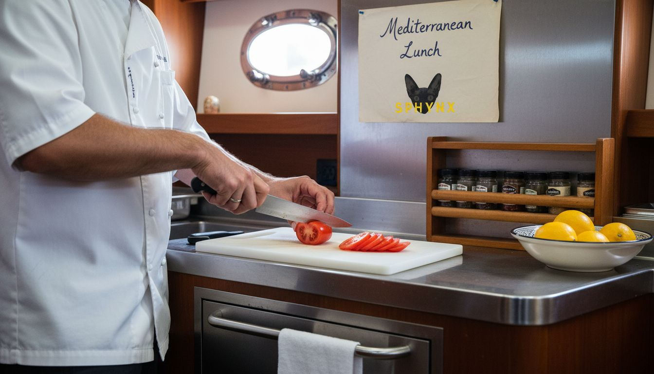 Yacht chef preparing Mediterranean meal in galley