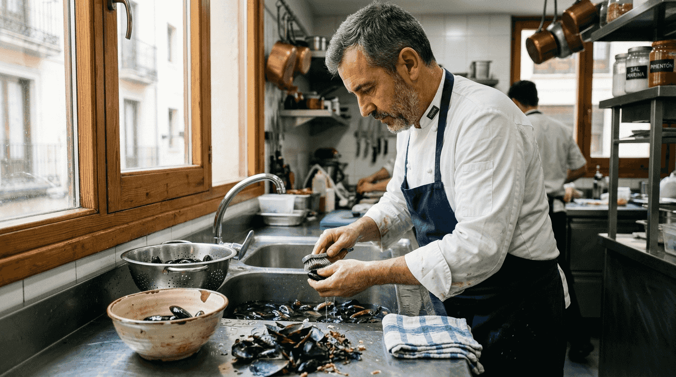Un chef limpia mejillones cuidadosamente sobre una mesa de trabajo de acero inoxidable.