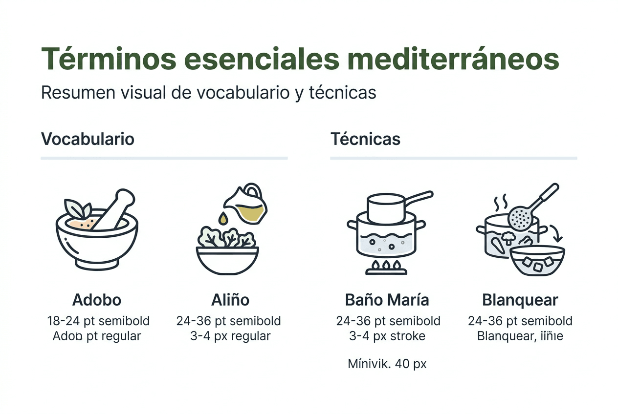 Guía visual sobre el vocabulario y las técnicas típicas de la cocina mediterránea