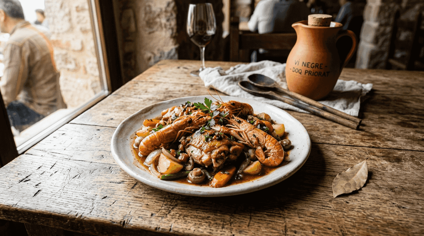 Delicioso plato de mar y montaña presentado sobre una mesa de madera rústica