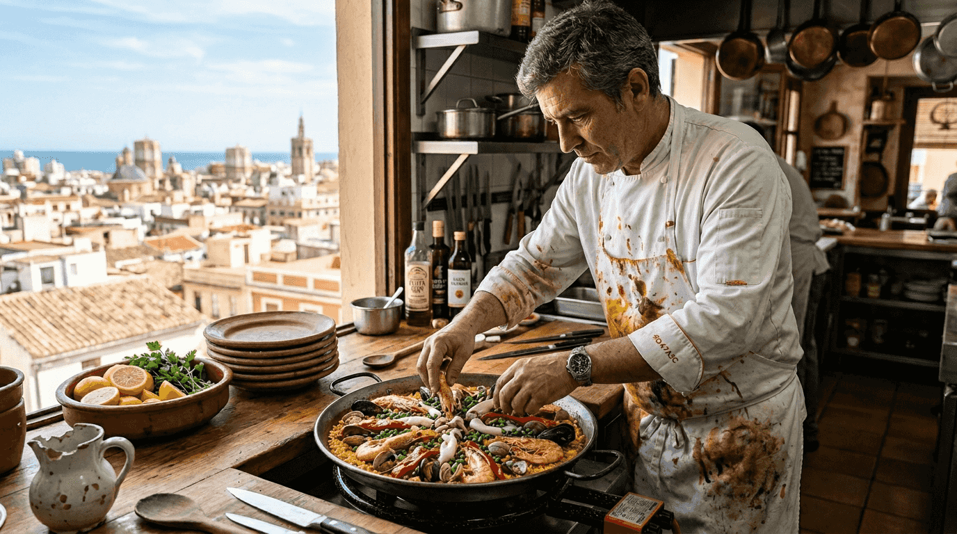 Un chef cocina una deliciosa paella mientras disfruta de unas vistas espectaculares de la ciudad y su moderna cocina.