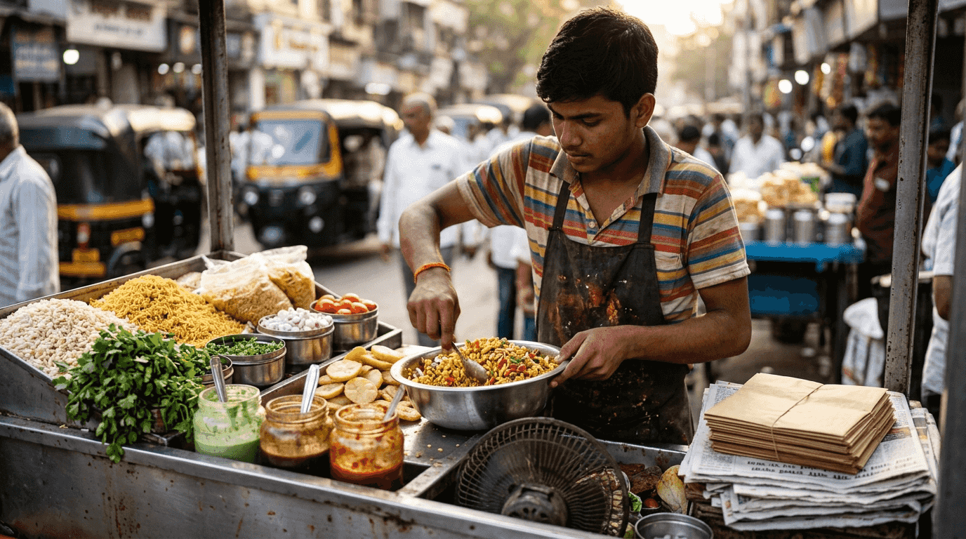 Un vendedor prepara Bhel Puri con ingredientes frescos al momento.