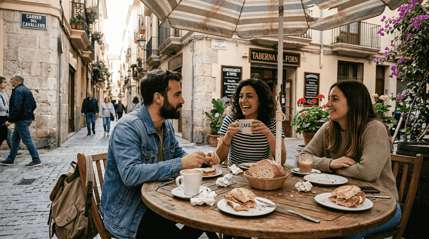 Un grupo de amigos se reúne para disfrutar de un esmorzaret valenciano reinventado, compartiendo risas y sabores en un ambiente distendido.