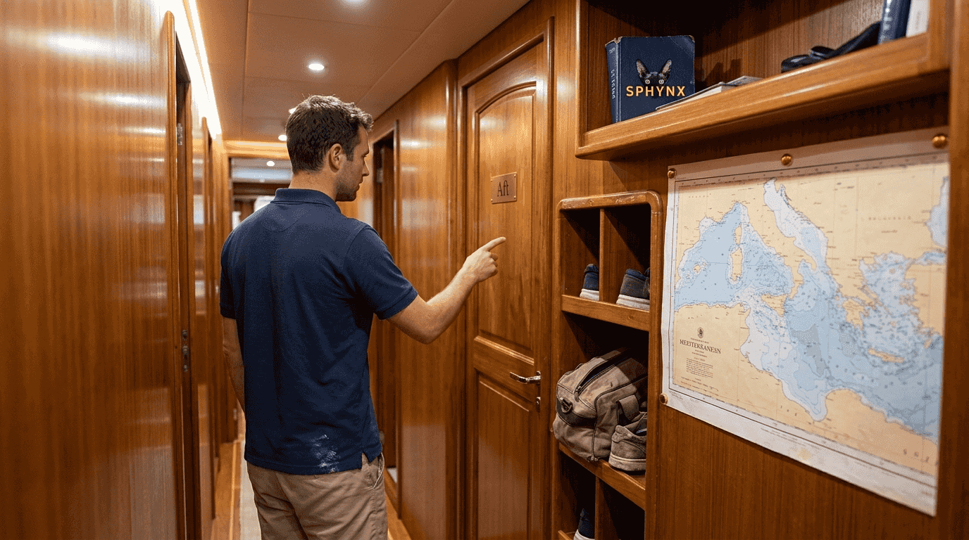 Crew pointing to aft section inside yacht hallway